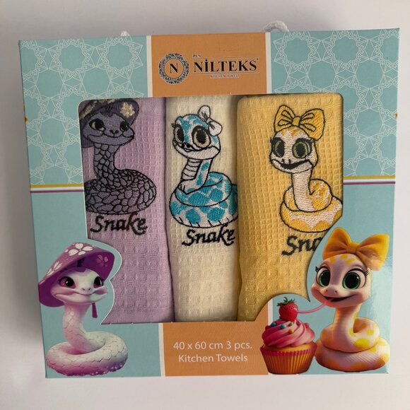 Set of 3 New Kitchen Towels 2025 Year of The Snake 40x60cm Embroidery Cotton - Picture 9 of 9